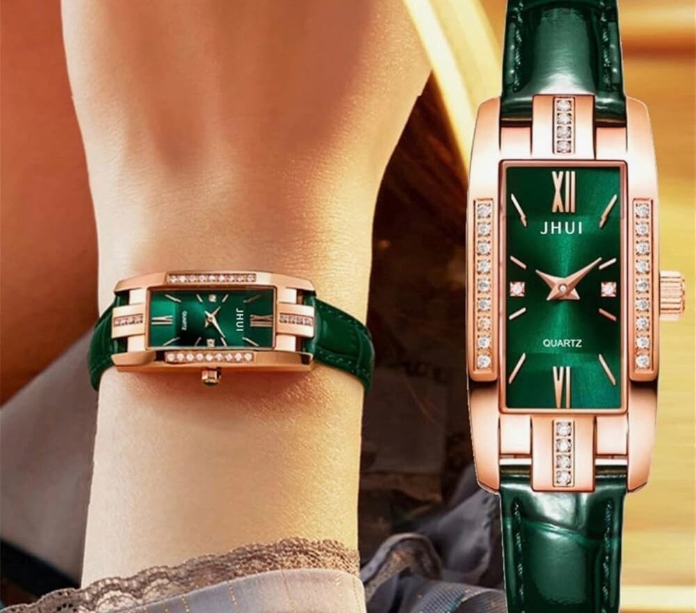JHUI Emerald Rectangular Watch Rose Gold Tone Crystal Accent Faux Leather